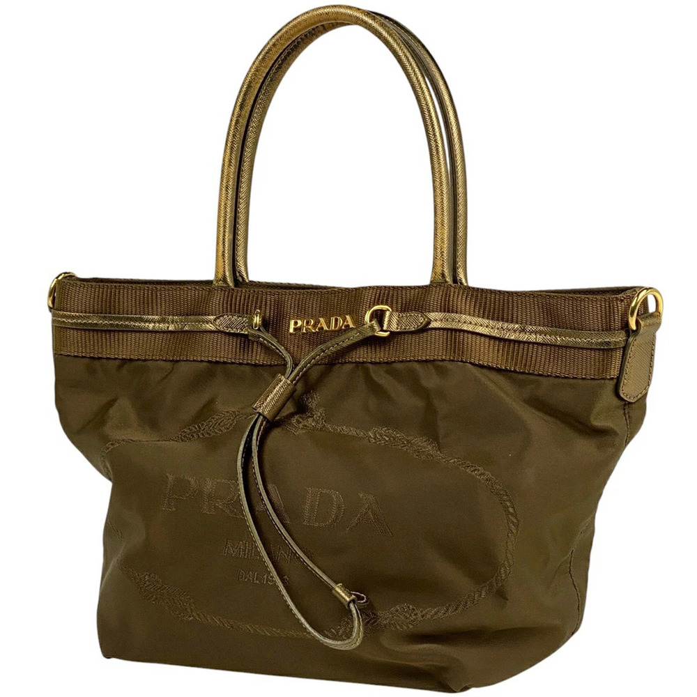 Prada Logo Handbag Tote Bag Brown Gold